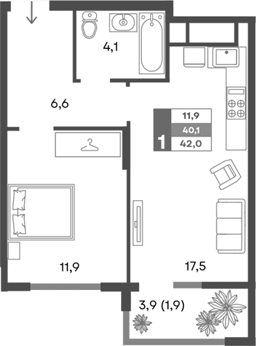 2-комн., 40.1 м²