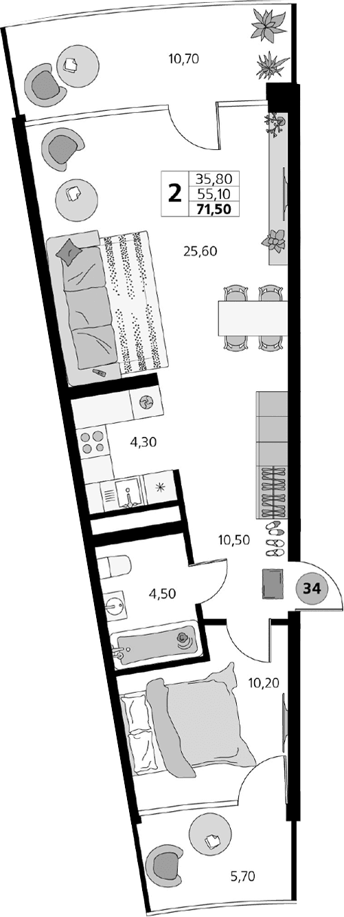 2-комн., 55.1 м²