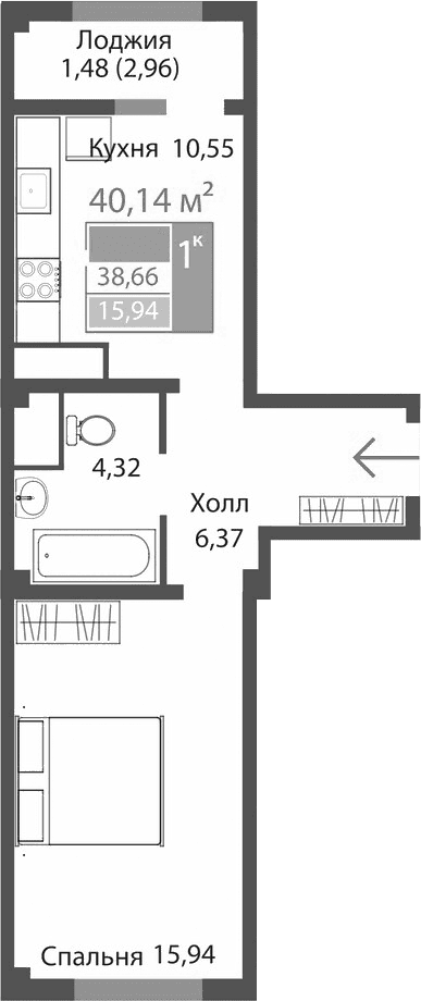 1-комн., 37.18 м²