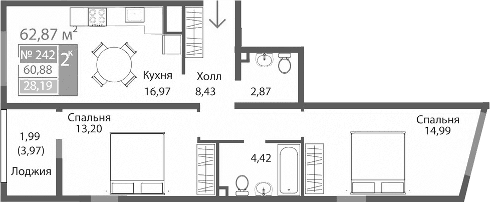 2-комн., 60.88 м²