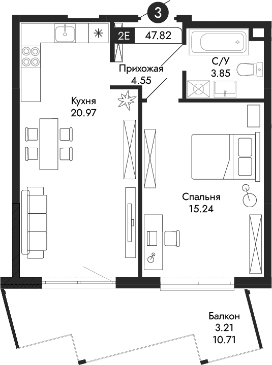 2-комн., 44.61 м²