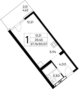 Студия, 27.76 м²