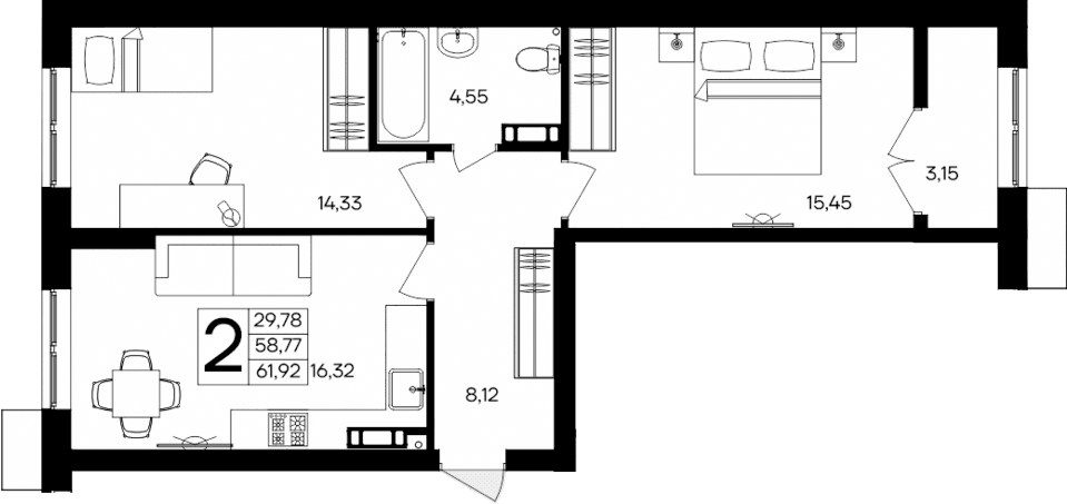 2-комн., 58.77 м²