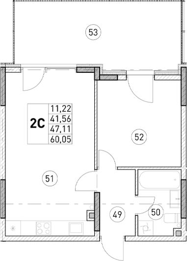 1-комн., 41.56 м²