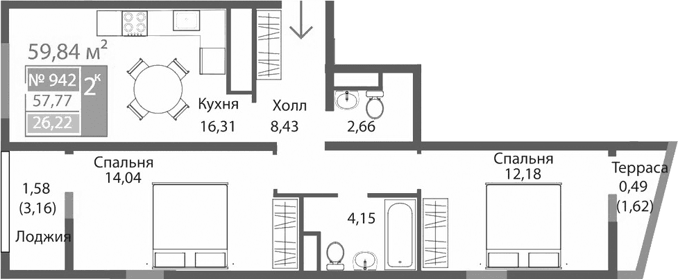 2-комн., 57.77 м²