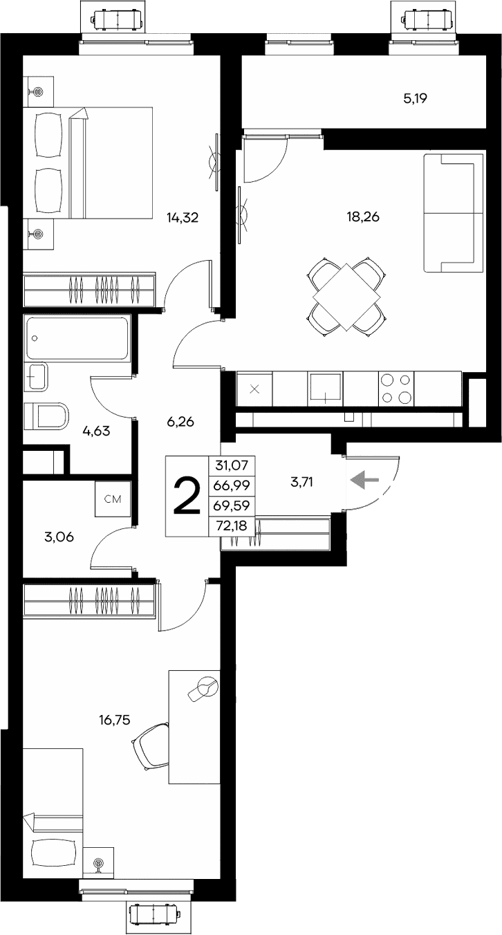 2-комн., 66.99 м²