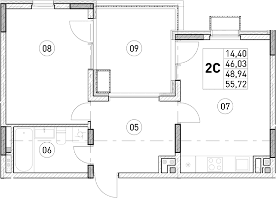 1-комн., 46.03 м²