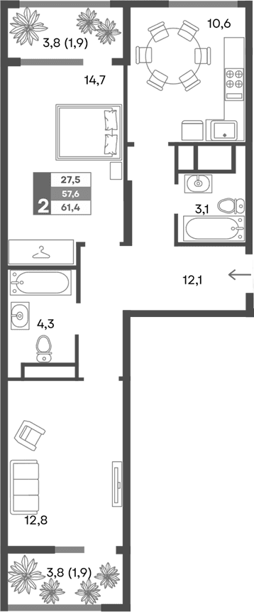 2-комн., 57.6 м²