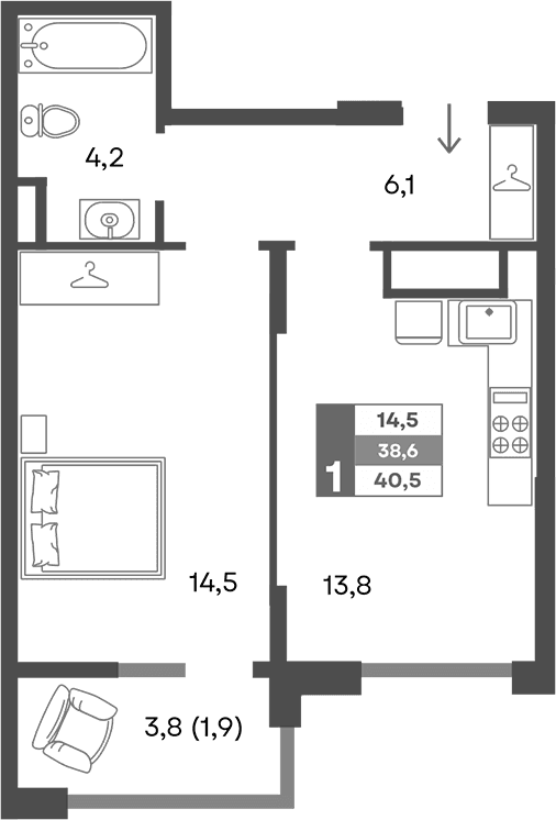 1-комн., 38.6 м²