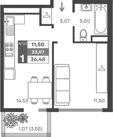 1-комн., 32.9 м²