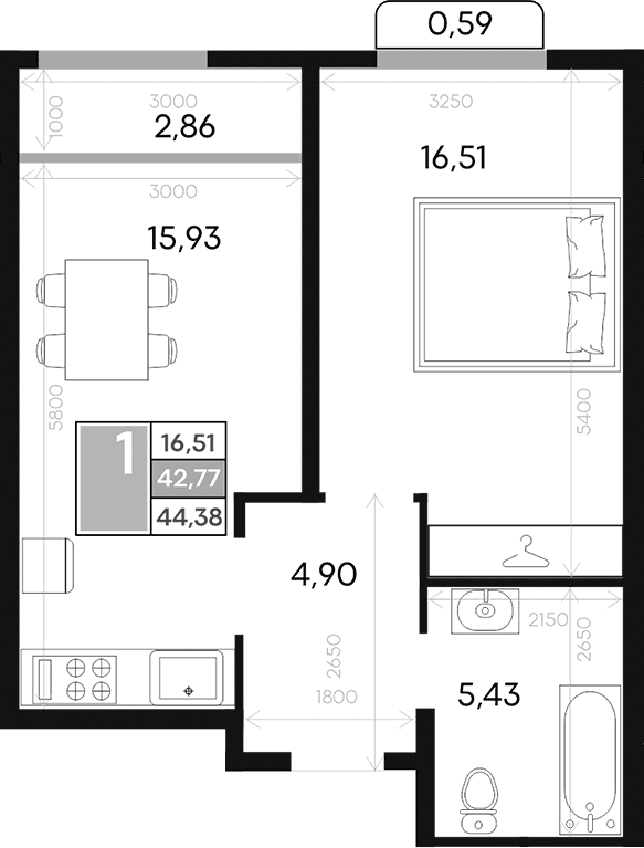1-комн., 42.77 м²