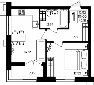 1-комн., 39 м²