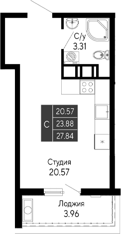 Студия, 23.88 м²