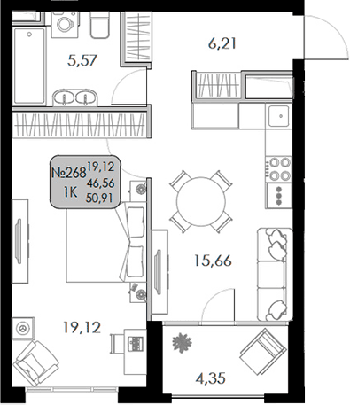 1-комн., 46.56 м²