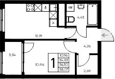 1-комн., 34.53 м²