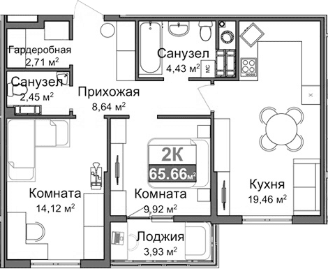 2-комн., 59.77 м²