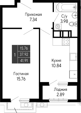 1-комн., 37.92 м²