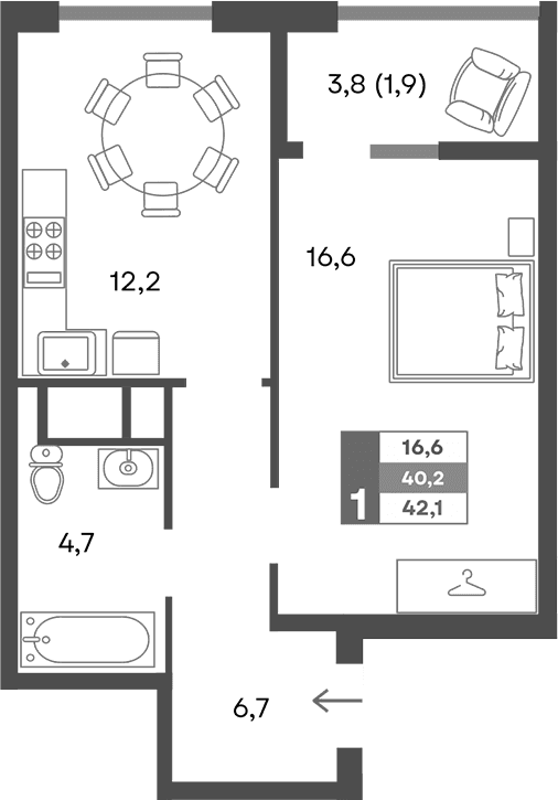 1-комн., 40.2 м²