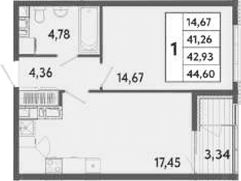 1-комн., 41.26 м²