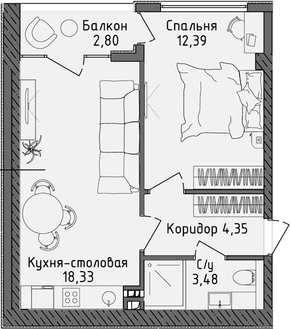 2-комн., 38.55 м²