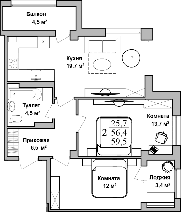 2-комн., 56.45 м²