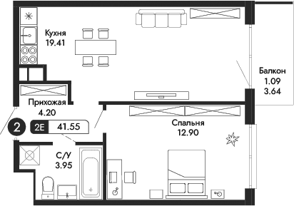 2-комн., 40.46 м²