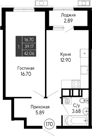 1-комн., 39.17 м²