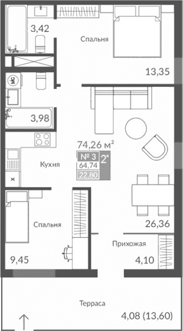 3-комн., 60.66 м²