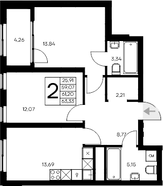 2-комн., 59.07 м²