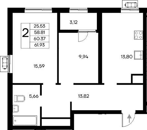 2-комн., 58.81 м²