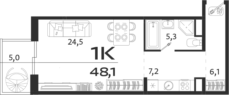 Студия, 43.1 м²