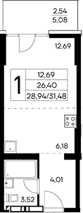 Студия, 28.94 м²