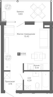 Студия, 26.01 м²