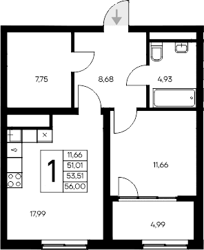 1-комн., 51.01 м²