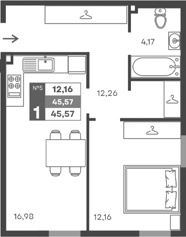 1-комн., 45.57 м²
