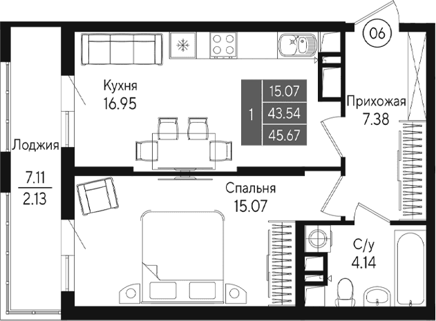 1-комн., 43.54 м²
