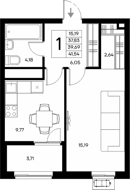 1-комн., 37.83 м²