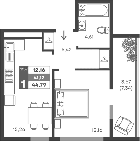1-комн., 37.45 м²