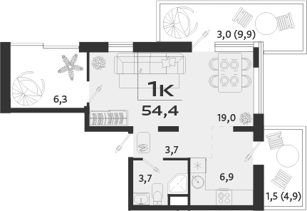 1-комн., 43.6 м²