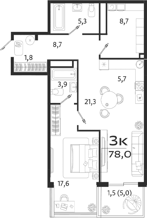 2-комн., 73 м²