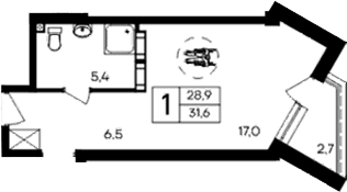 Студия, 28.9 м²