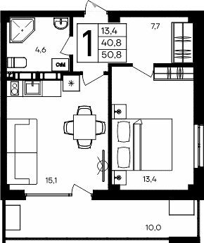 1-комн., 40.8 м²
