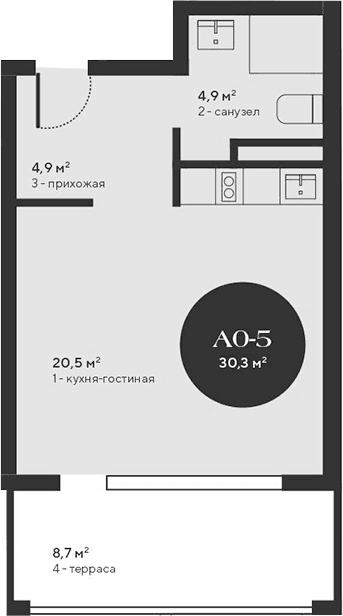 Студия, 30.3 м²