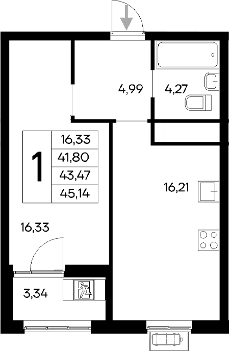 1-комн., 41.8 м²