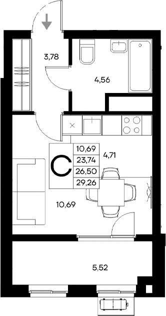 Студия, 26.8 м²