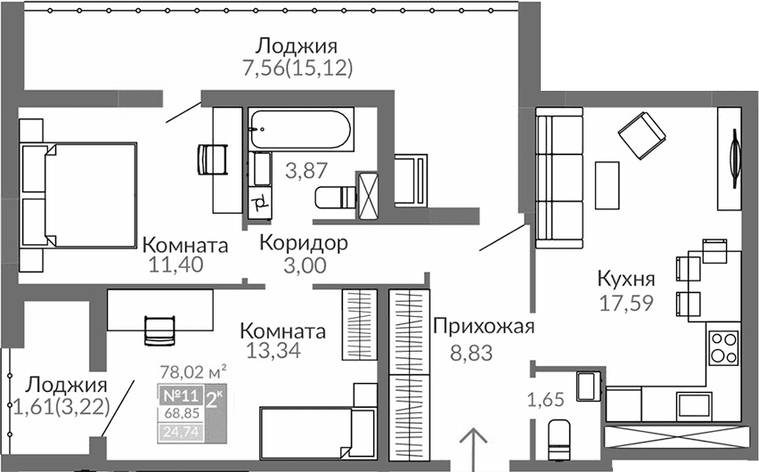 2-комн., 59.68 м²