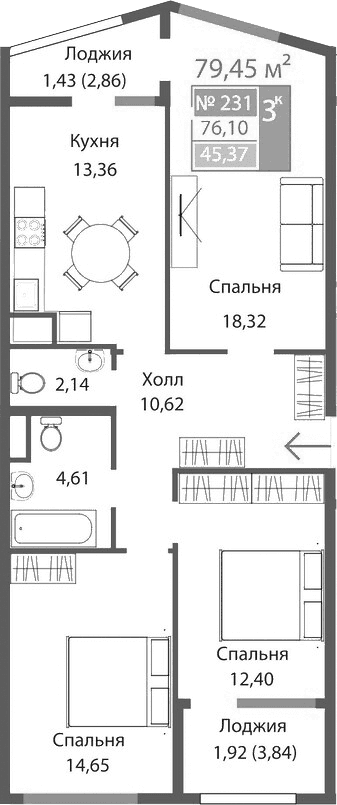 3-комн., 76.1 м²