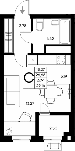 Студия, 26.66 м²