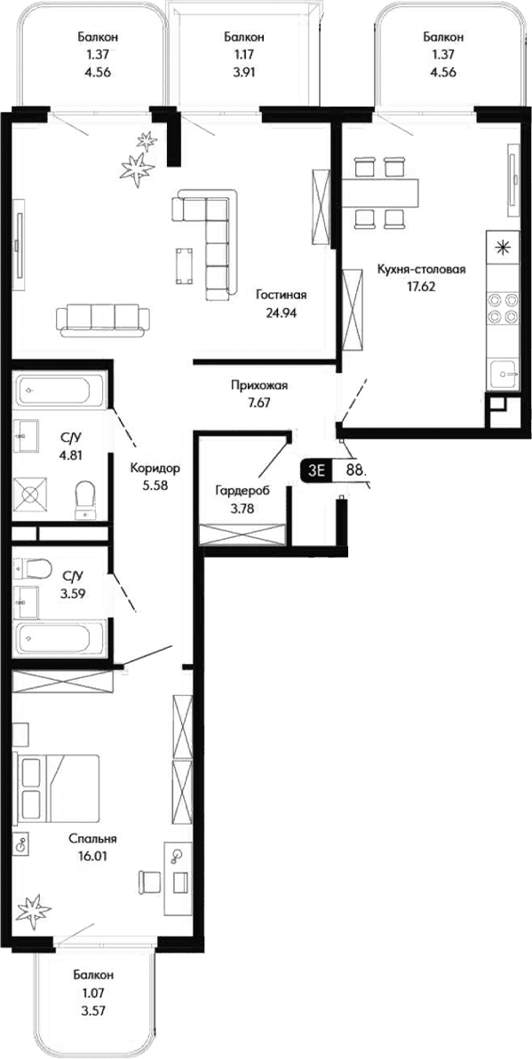 3-комн., 84 м²