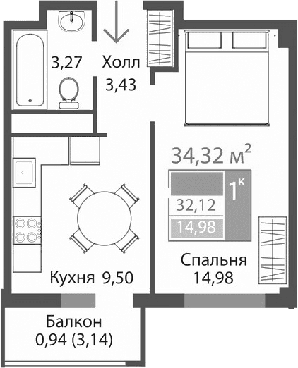 1-комн., 31.18 м²
